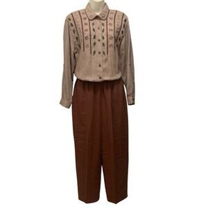 Vintage Teddi Womens M-L Petite Rust Two Piece Set Fall Leaves Embroidered